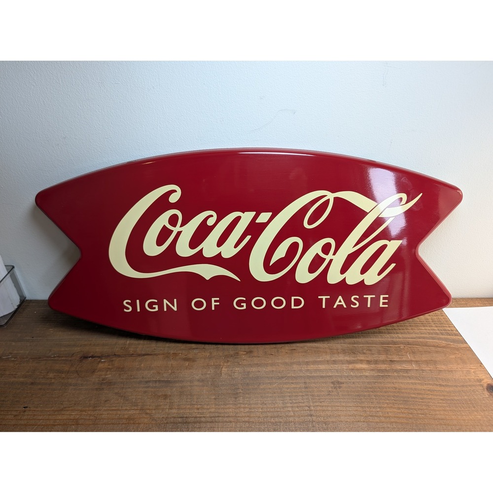 1996 Coca-Cola Metal Tacker Sign Fishtail Logo Sign of Good Taste 24x11.5" Vtg